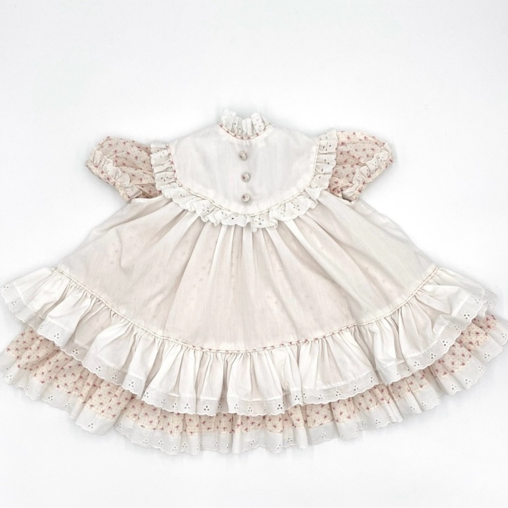 Handmade Baby Dress Pinafore Ruffle Floral Eyelet Lace Puffed Sleeve Cottagecore